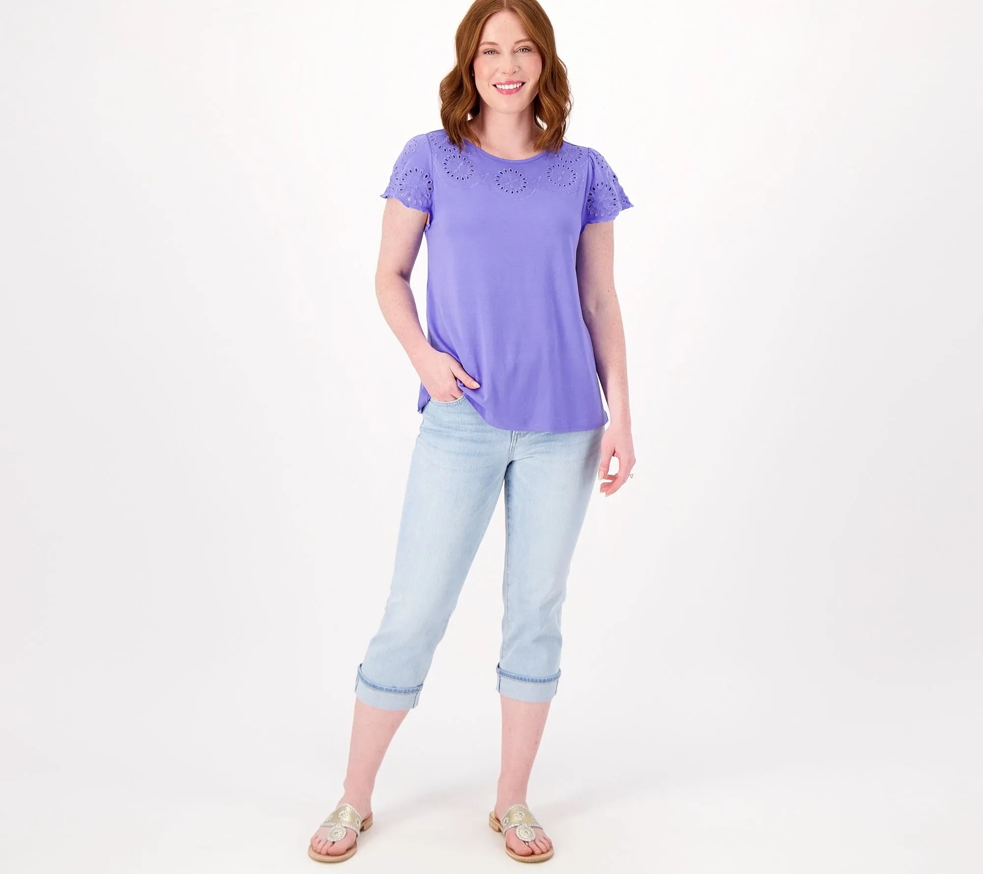 "As Is" Laurie Felt Cotton Bamboo Eyelet Flutter Sleeve Tee