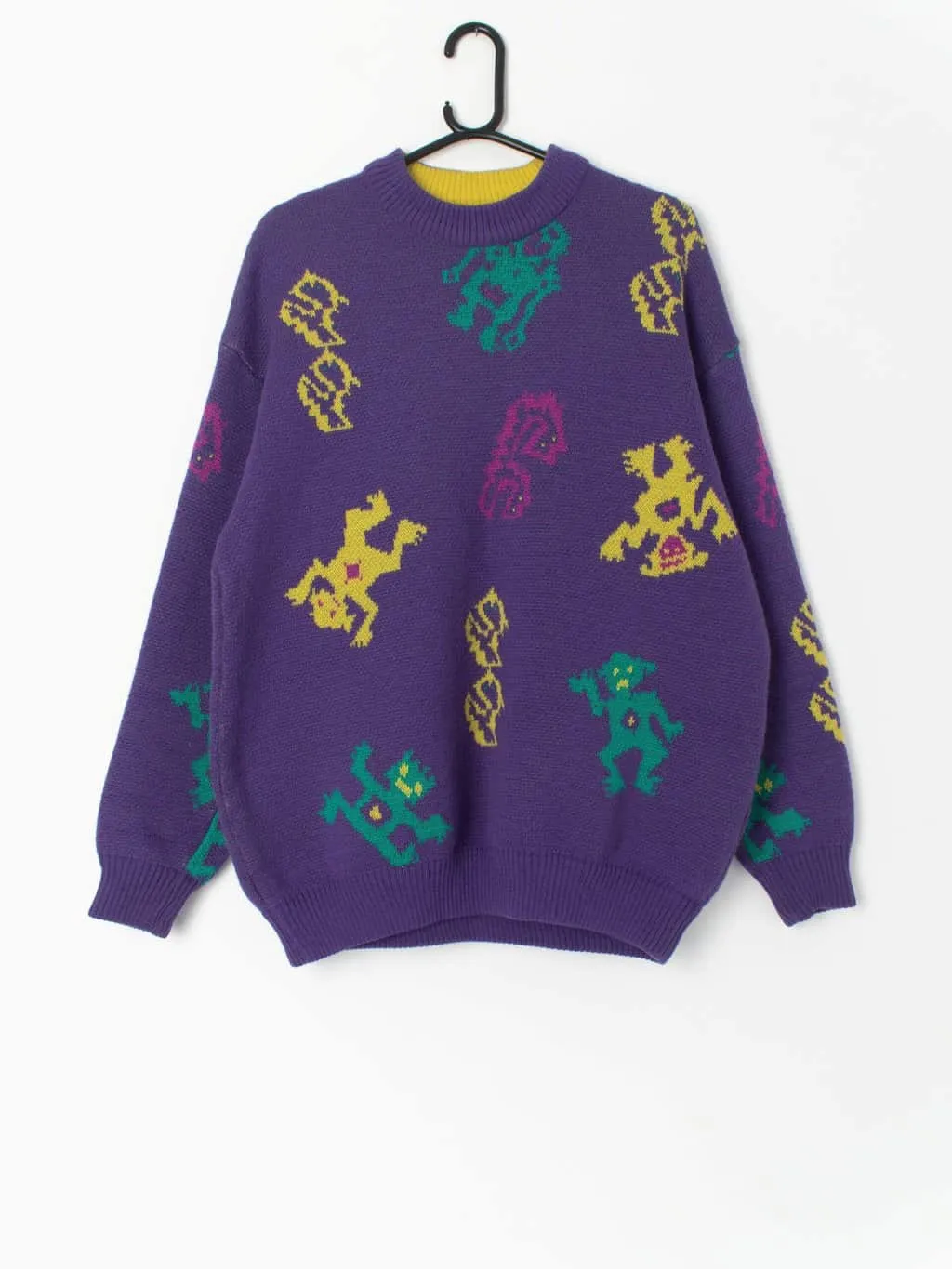 90s ski sweater in purple with funky monster figures by Le Jour Blanc. Made in France – Large