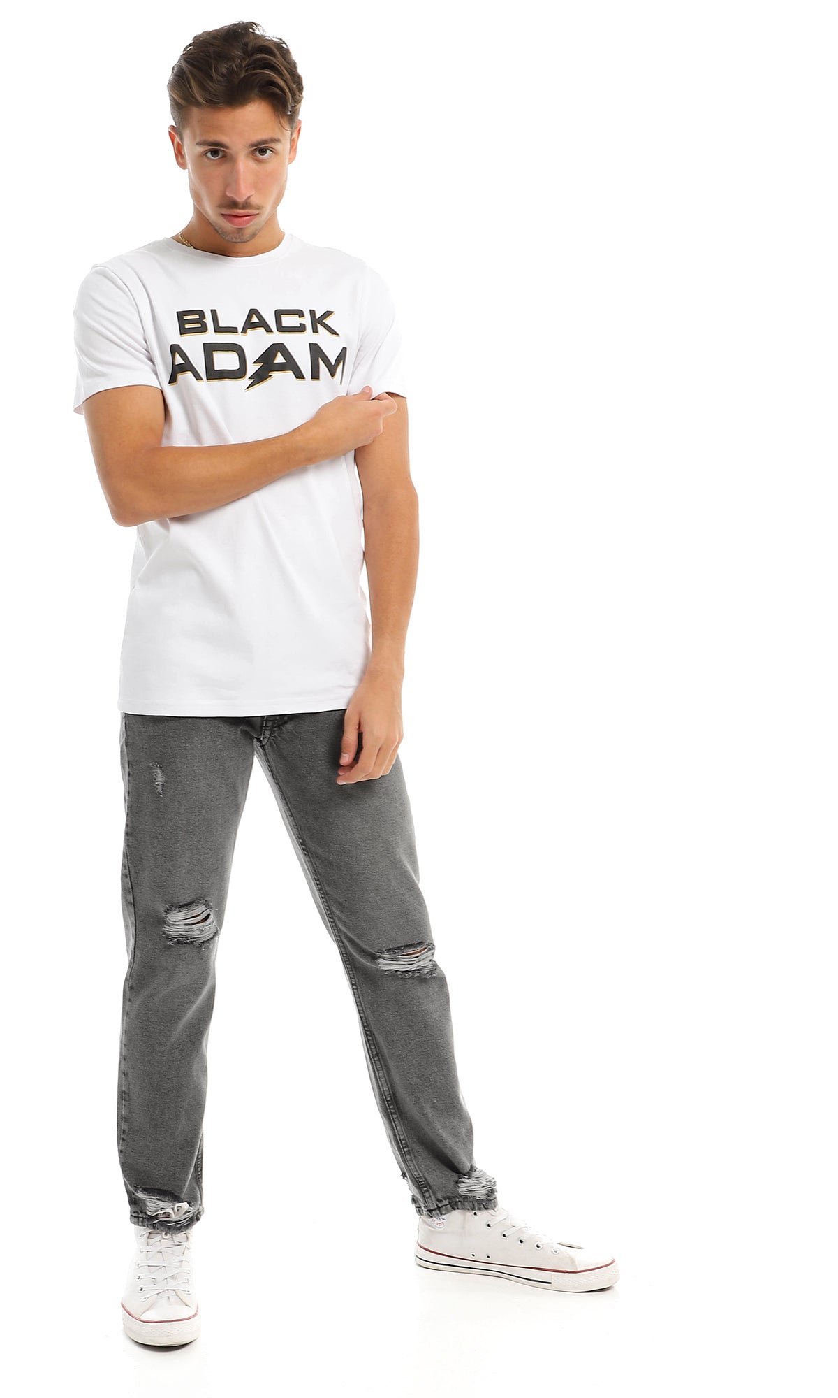 97408 Black Adam Printed Round White T-Shirt