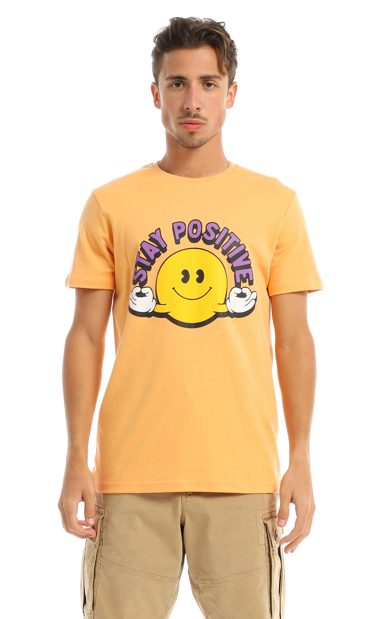 97410 Stay Positive Printed Orange Round T-Shirt