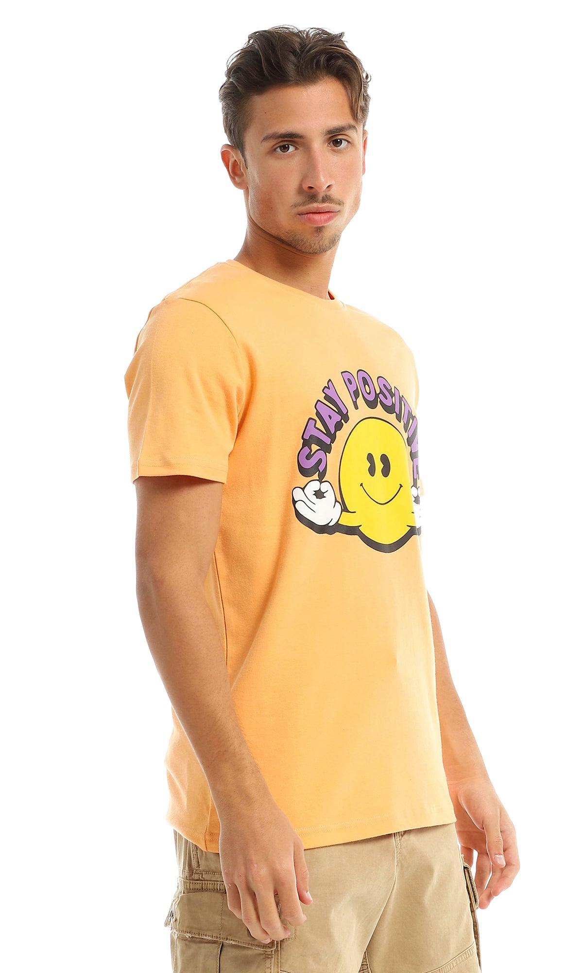 97410 Stay Positive Printed Orange Round T-Shirt