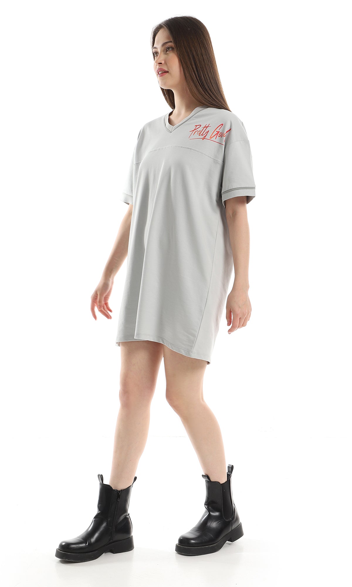 97774 Slip On Loose Fit Printed T-Shirt - Light Grey