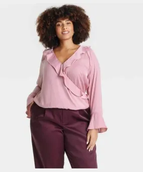 A New Day Women's Flounce Long Sleeve V-Neck Ruffle Wrap Blouse