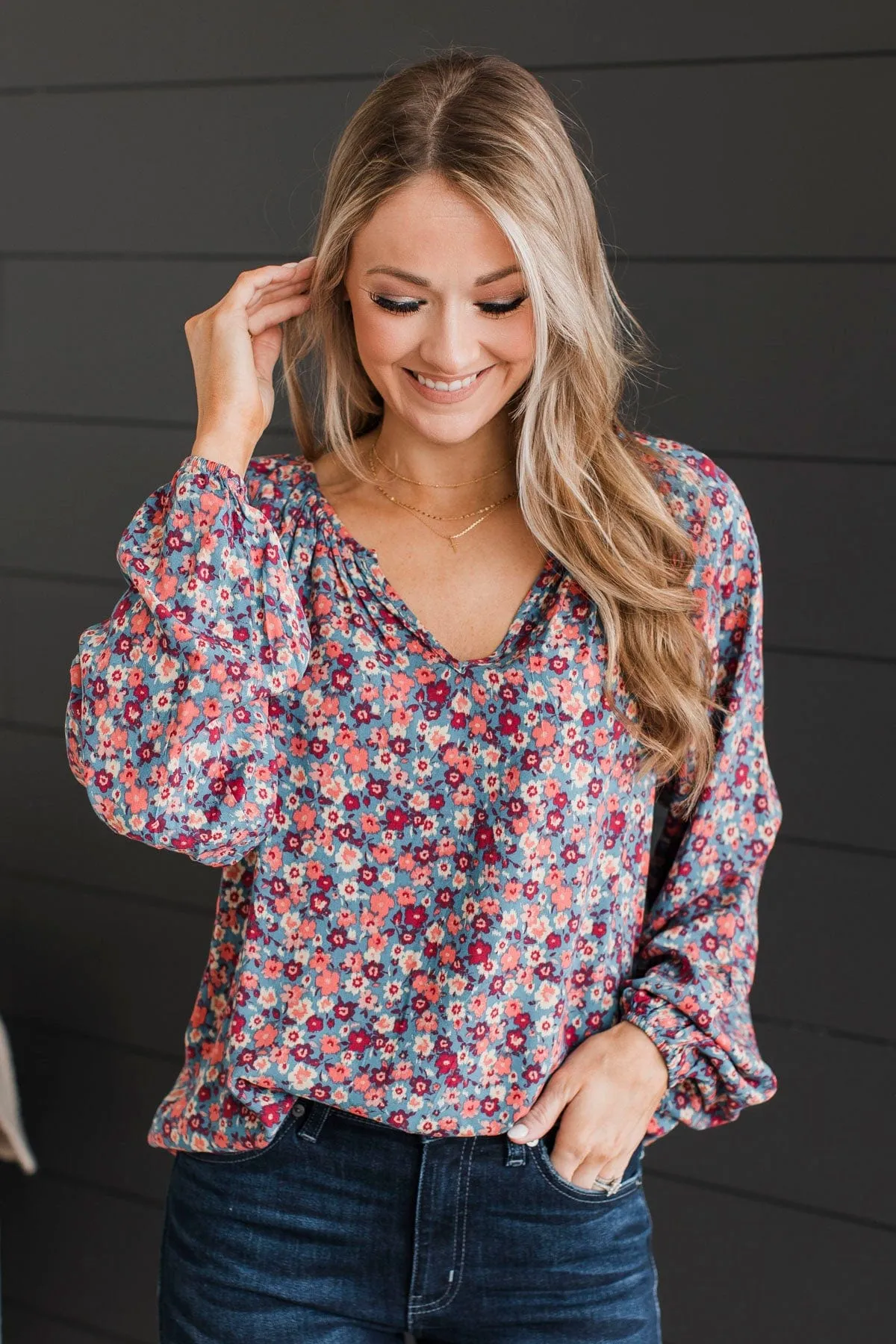 Back To Bliss Floral Blouse- Denim Blue