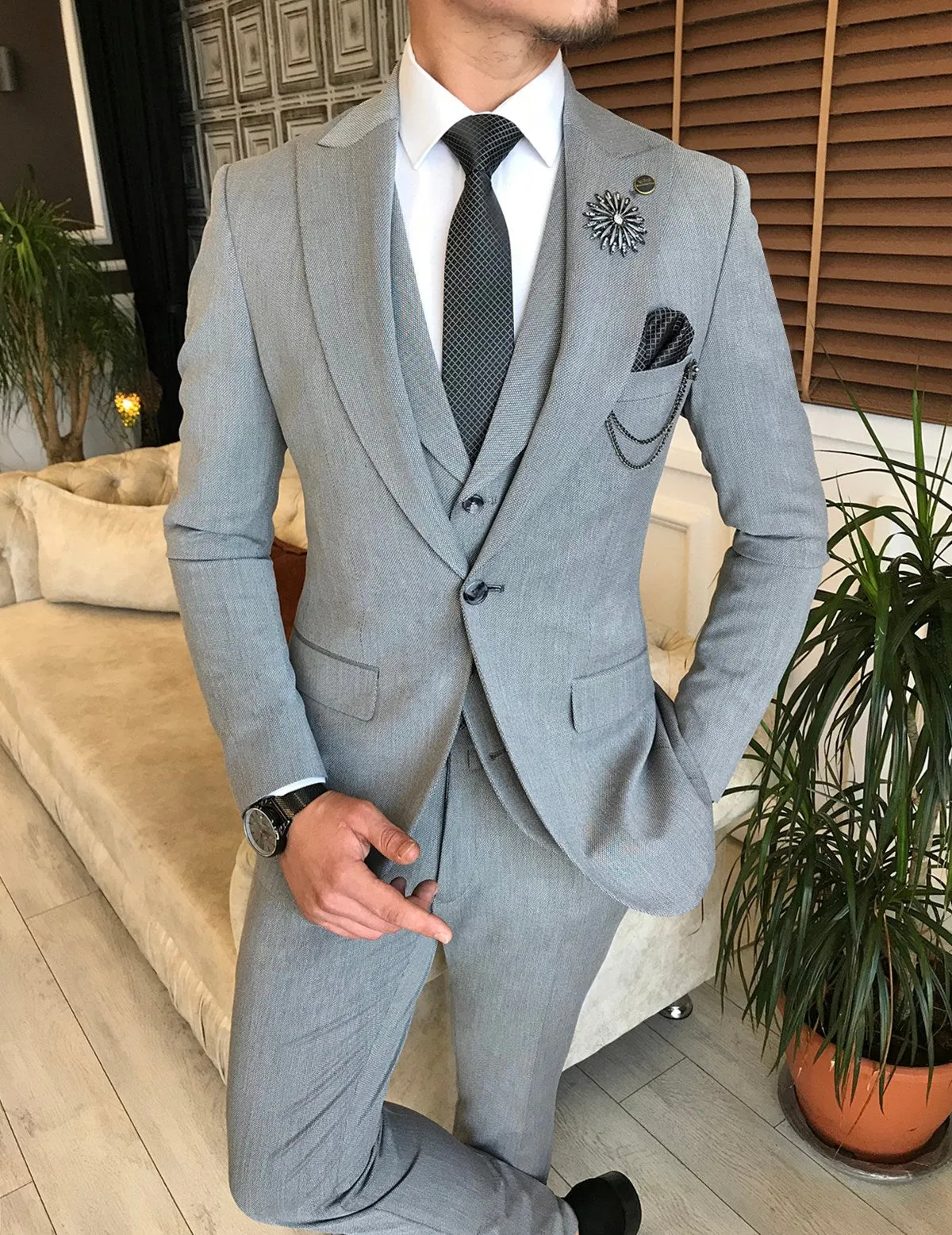 Bojoni Grey Slim-Fit Suit 3-Piece