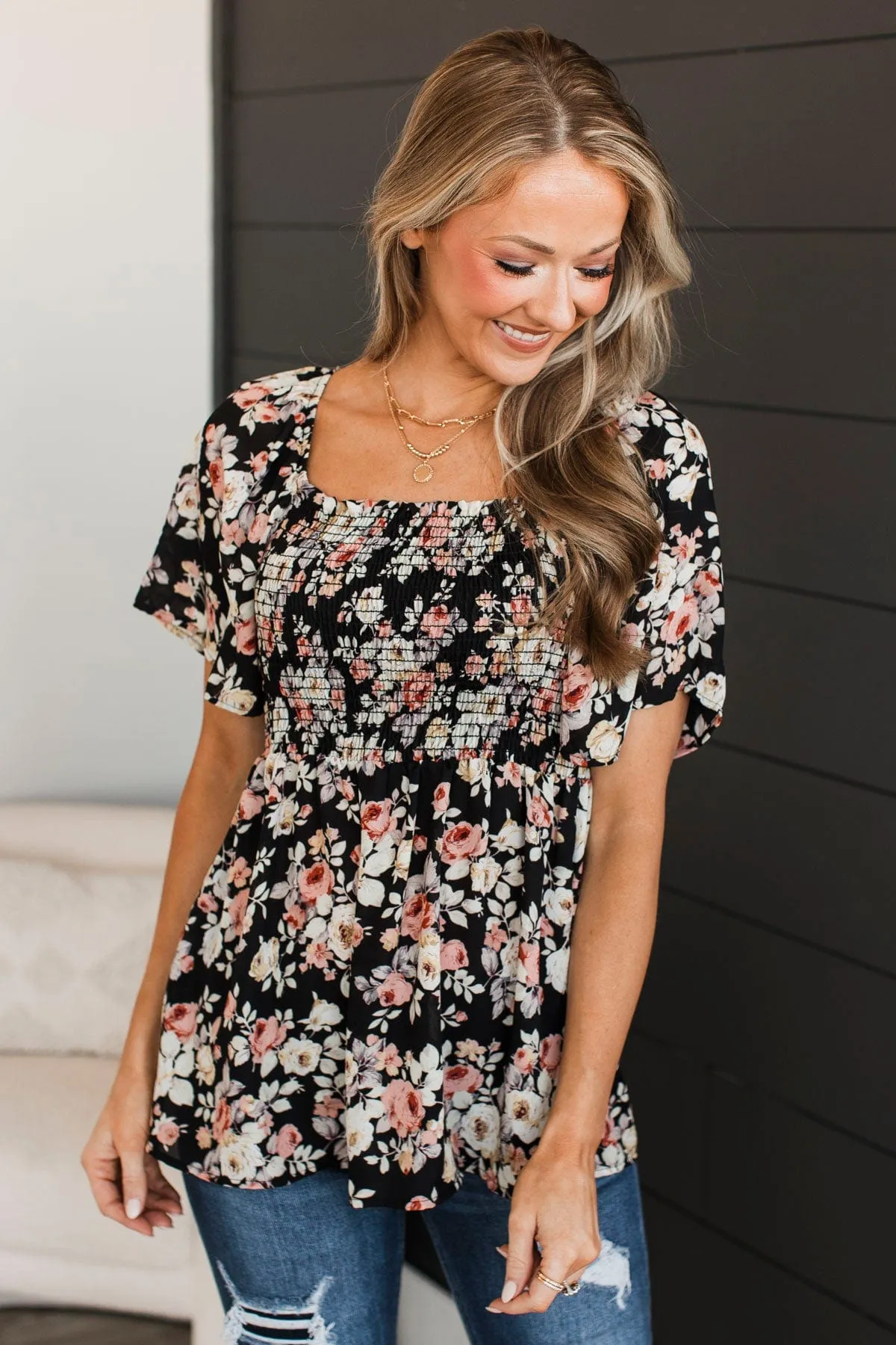 Catch A Glimpse Floral Smocked Blouse- Black