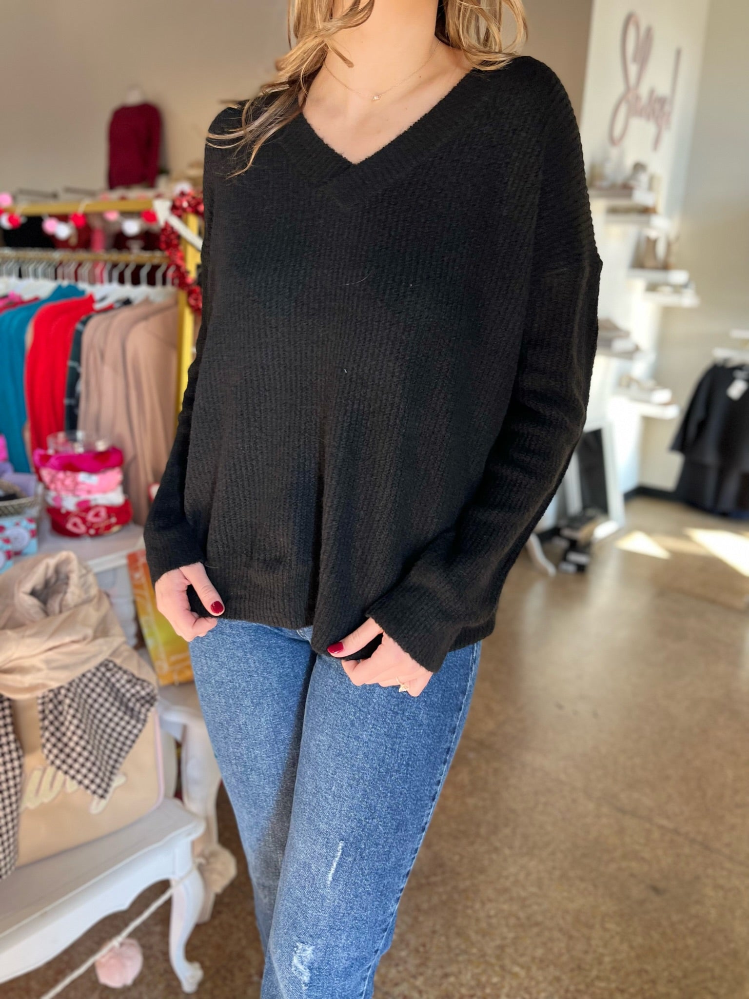 Classic V-neck Ribbed Soft Knit Sweater - Black