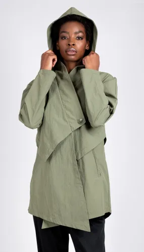 Convertible Hood Asymmetrical Rain Jacket/ Sage Green