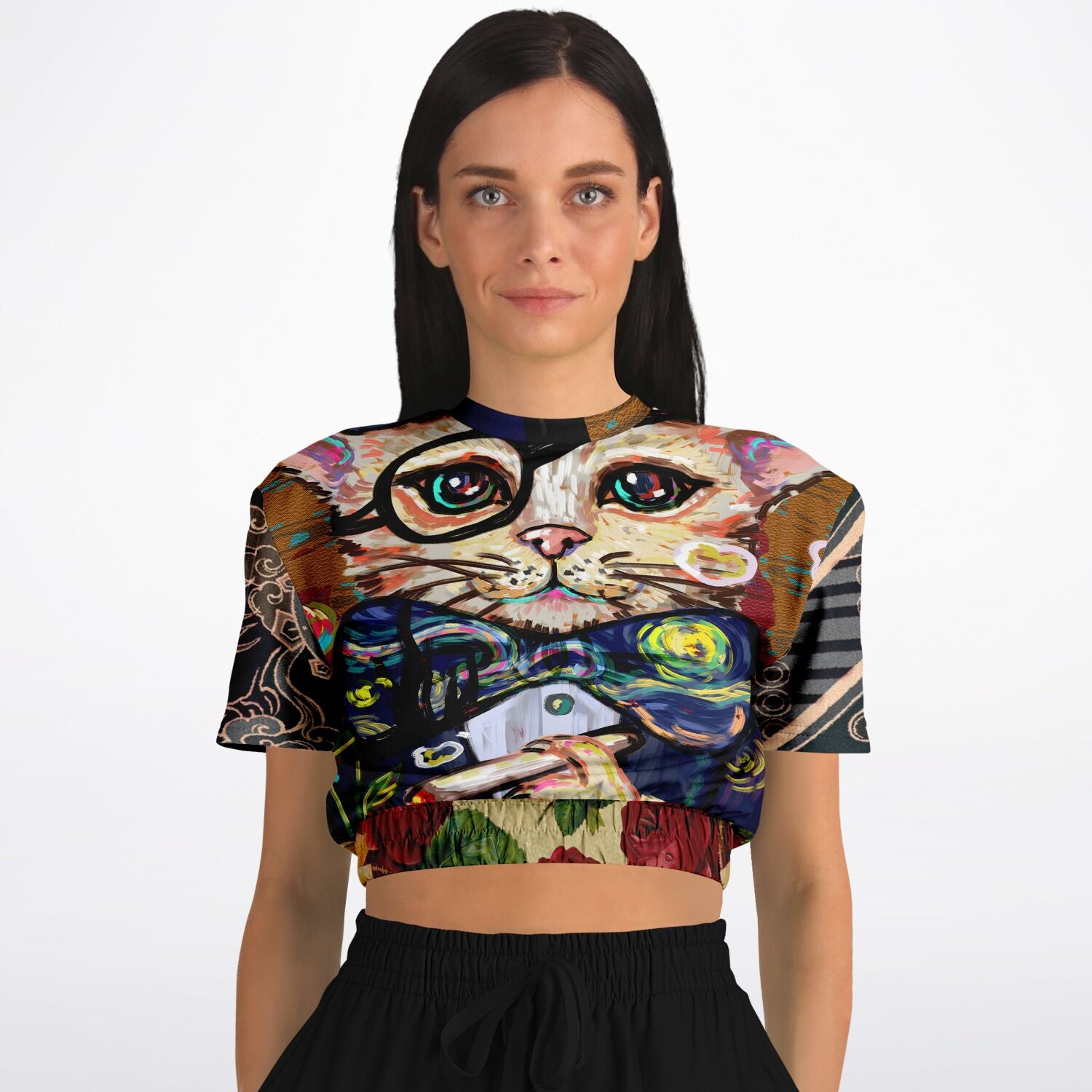 Dapper Cat Short Sleeve Cropped Eco-Poly Sweater