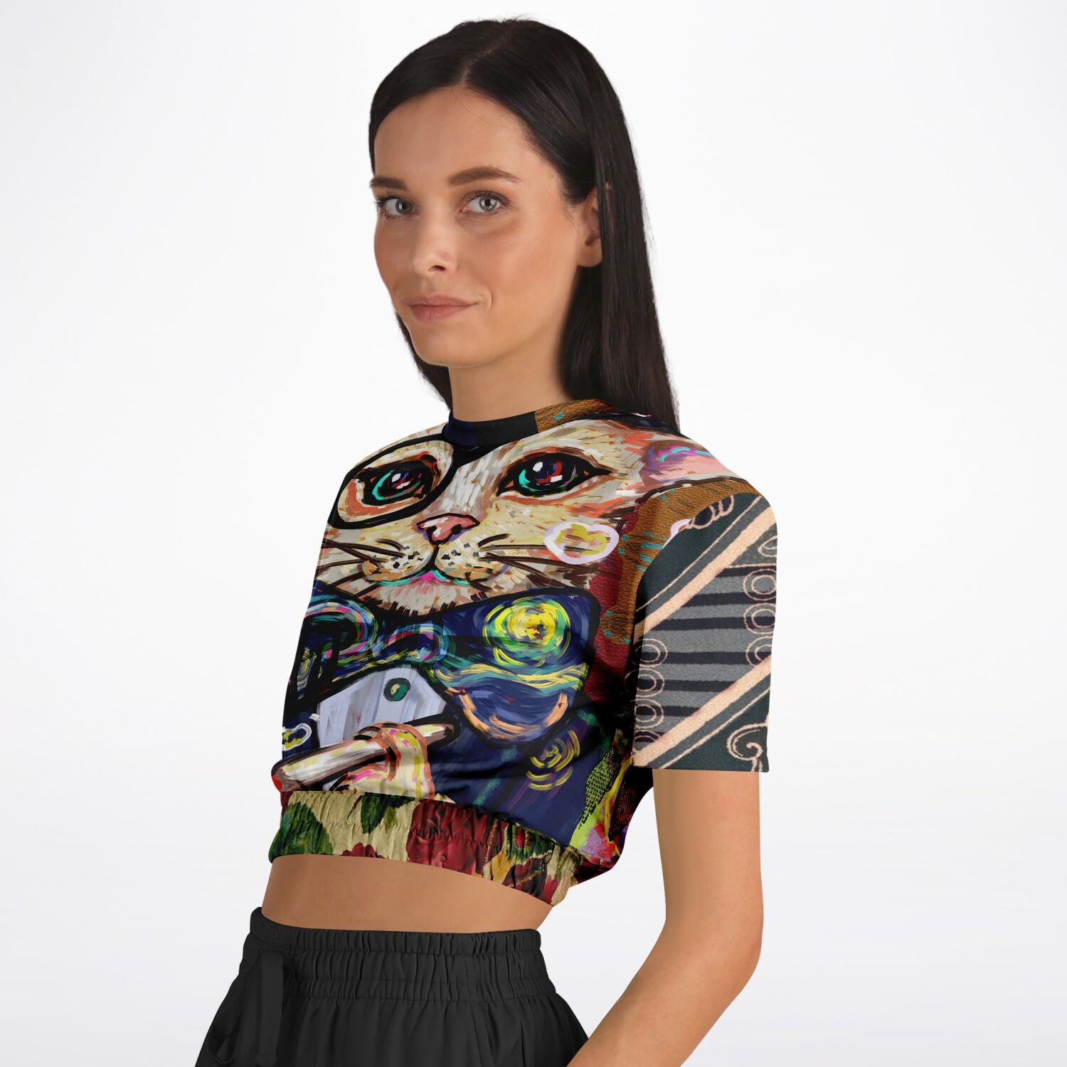 Dapper Cat Short Sleeve Cropped Eco-Poly Sweater