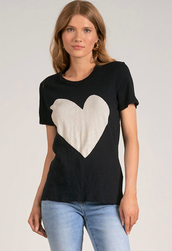 Elan - Heart T-Shirt Crew Neck Black White Heart