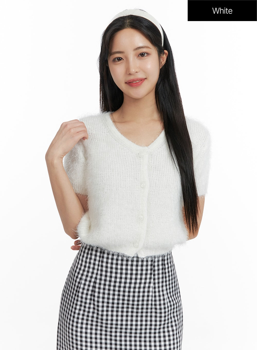 Fuzzy V-Neck Button Short Sleeve Sweater OF416