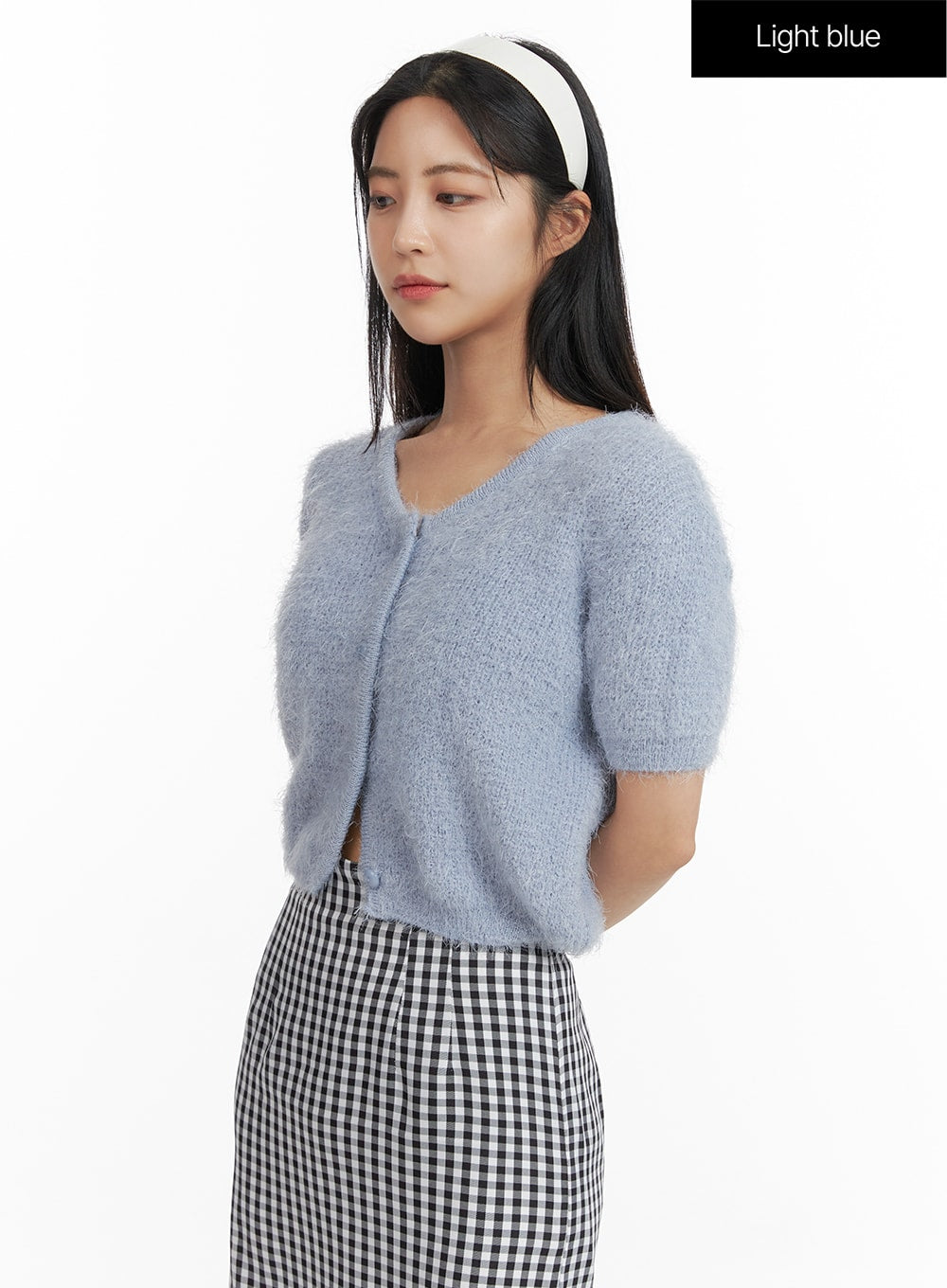 Fuzzy V-Neck Button Short Sleeve Sweater OF416