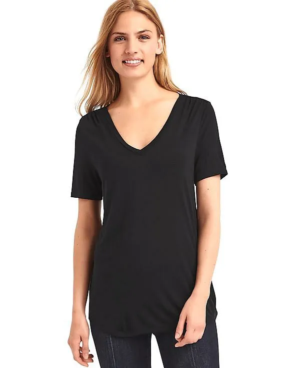 GAP Women Black Shirred V-Neck Tee