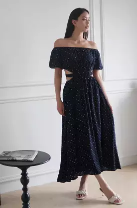 Golden hour off shoulder midi dress in polka dot