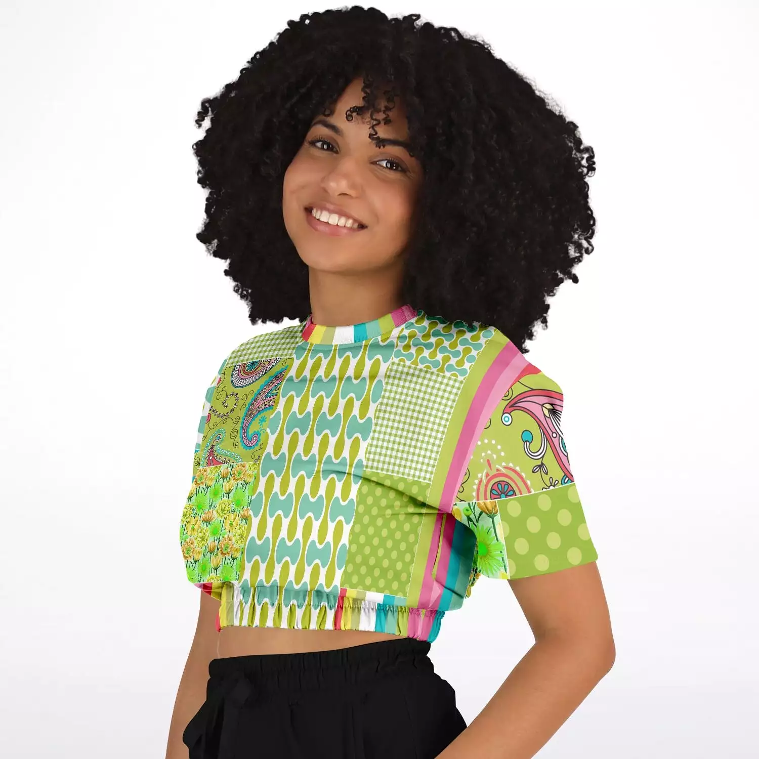 Green Anjou Pear Patchwork Short Sleeve Cropped Eco-Poly Sweater