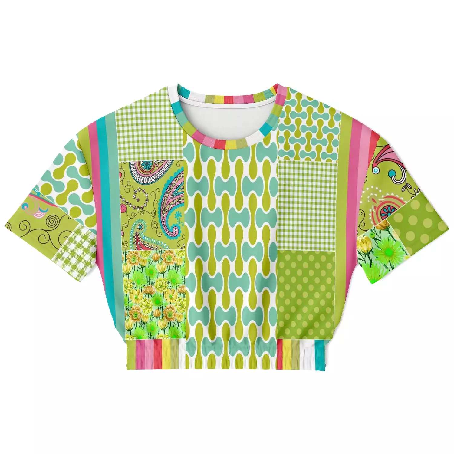 Green Anjou Pear Patchwork Short Sleeve Cropped Eco-Poly Sweater