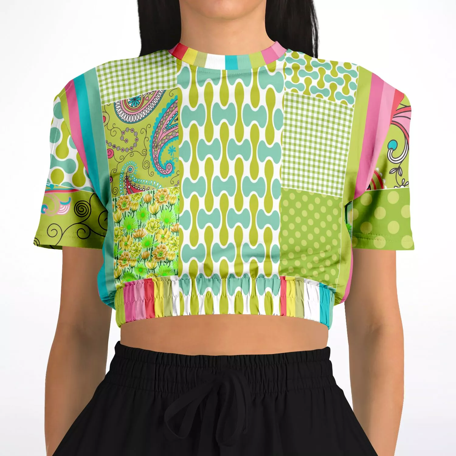 Green Anjou Pear Patchwork Short Sleeve Cropped Eco-Poly Sweater