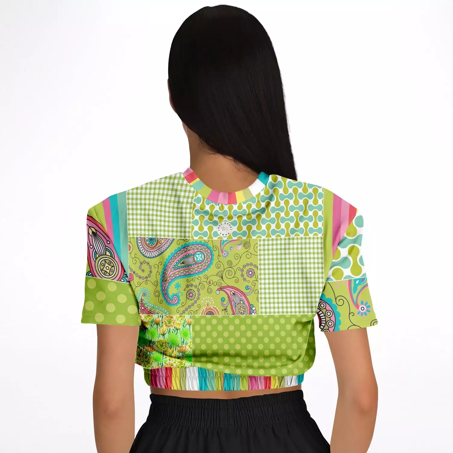 Green Anjou Pear Patchwork Short Sleeve Cropped Eco-Poly Sweater