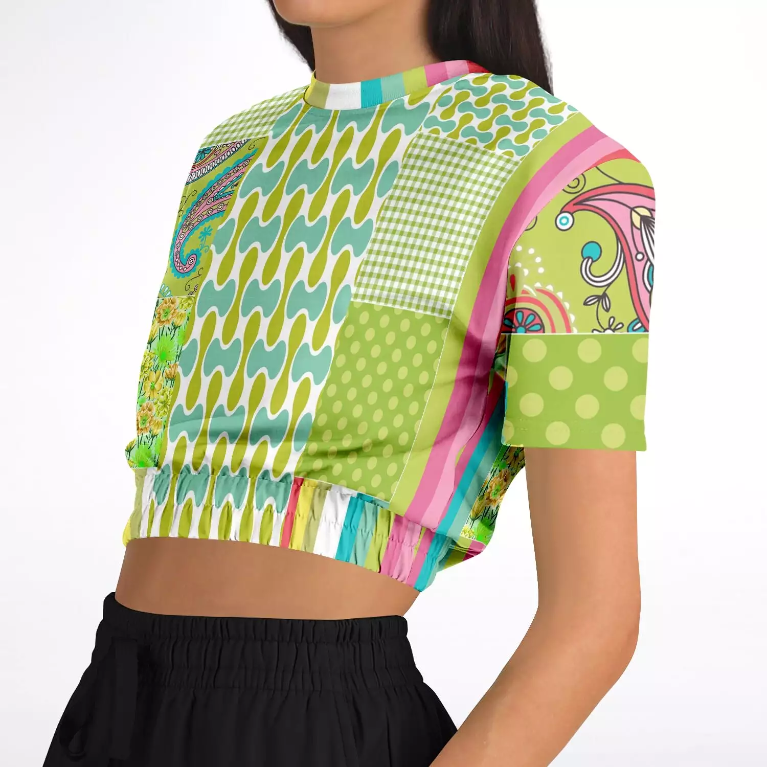 Green Anjou Pear Patchwork Short Sleeve Cropped Eco-Poly Sweater