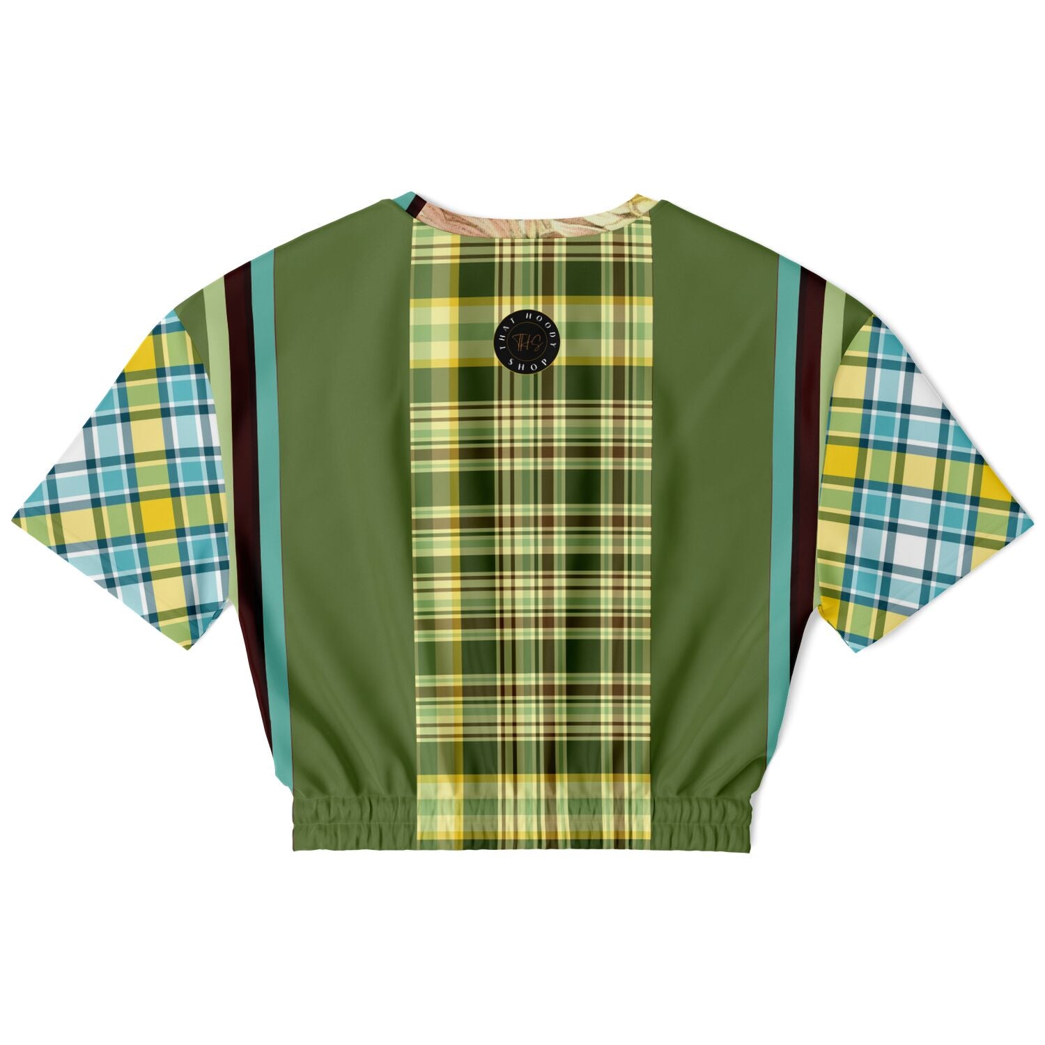 Green Caravan Plaid Short Sleeve Cropped Eco-Poly Sweater