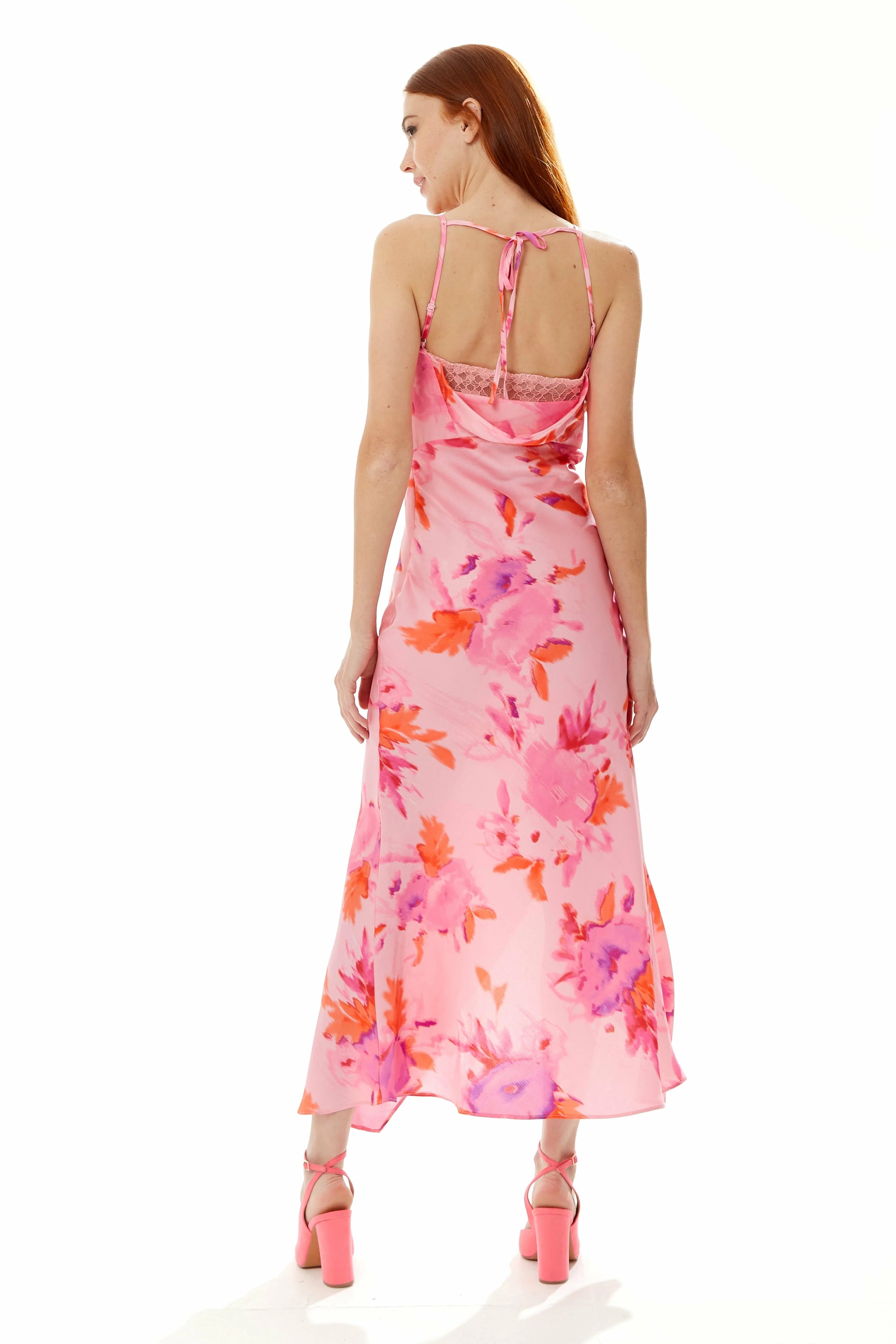 Liquorish Cowl Neck Maxi Floral Print Dress In Pink