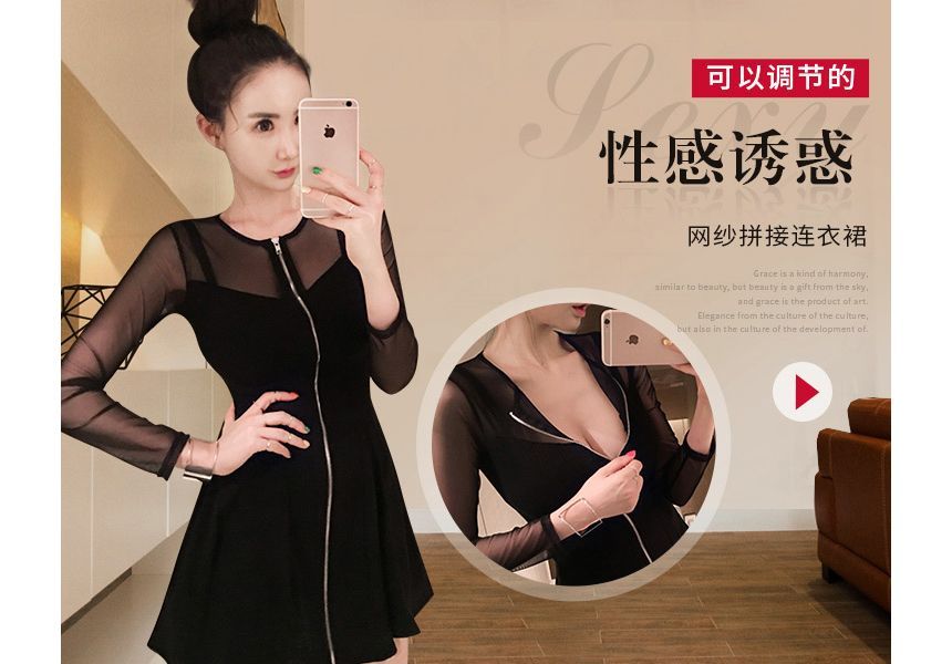 Long-Sleeve Crew Neck Plain Zip-Up Sheer Panel Mini A-Line Dress aa33