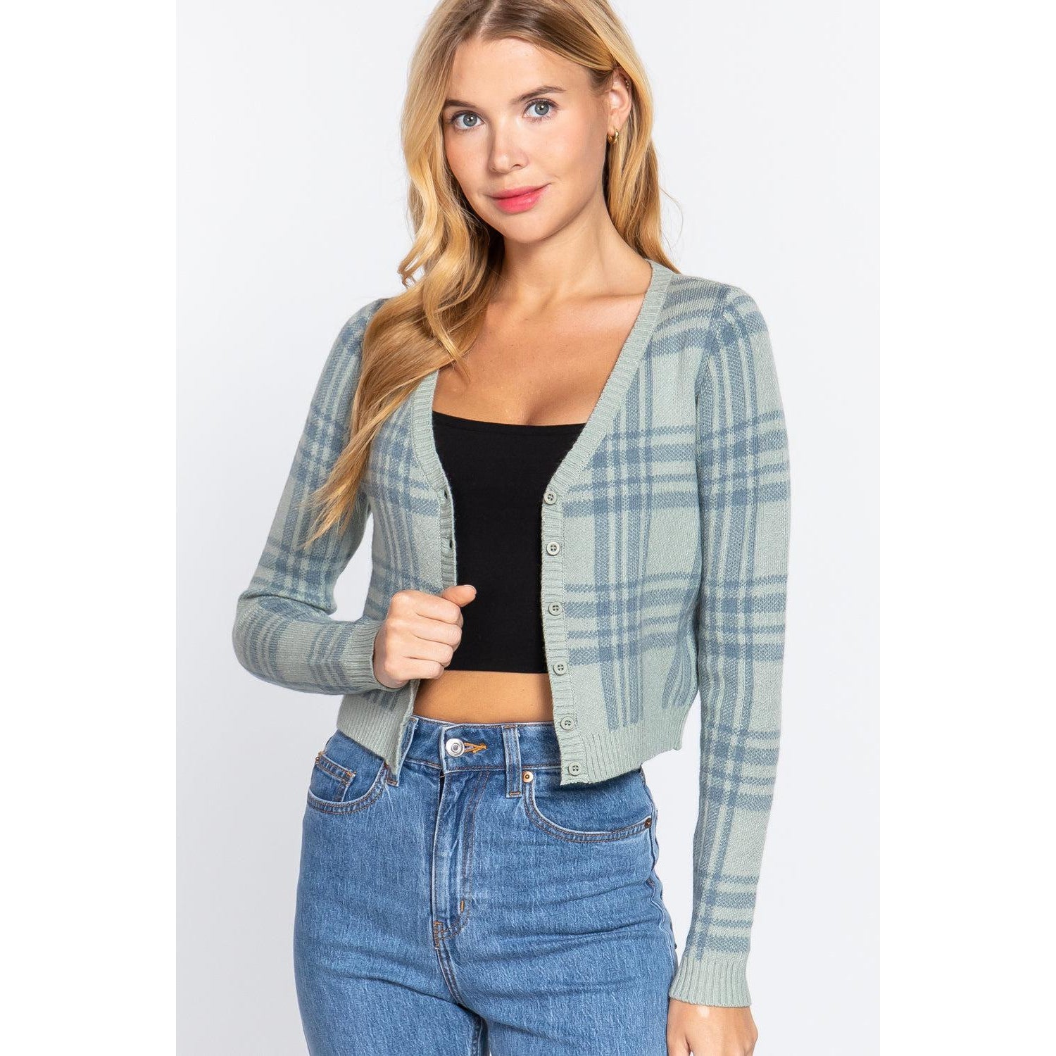 Long Sleeve V-neck Fitted Button Down Plaid Sweater Cardigan