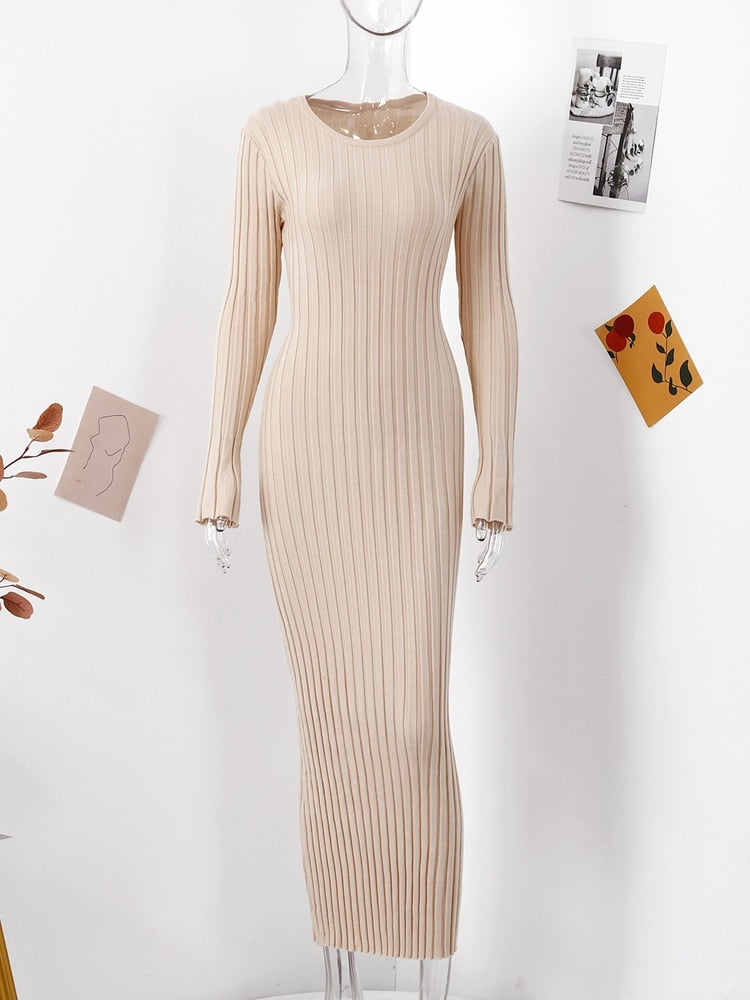 Maxi Dress Elegant Simple Knitted Pleated Women 2023 Spring Ribbed O-neck A-line Dresses