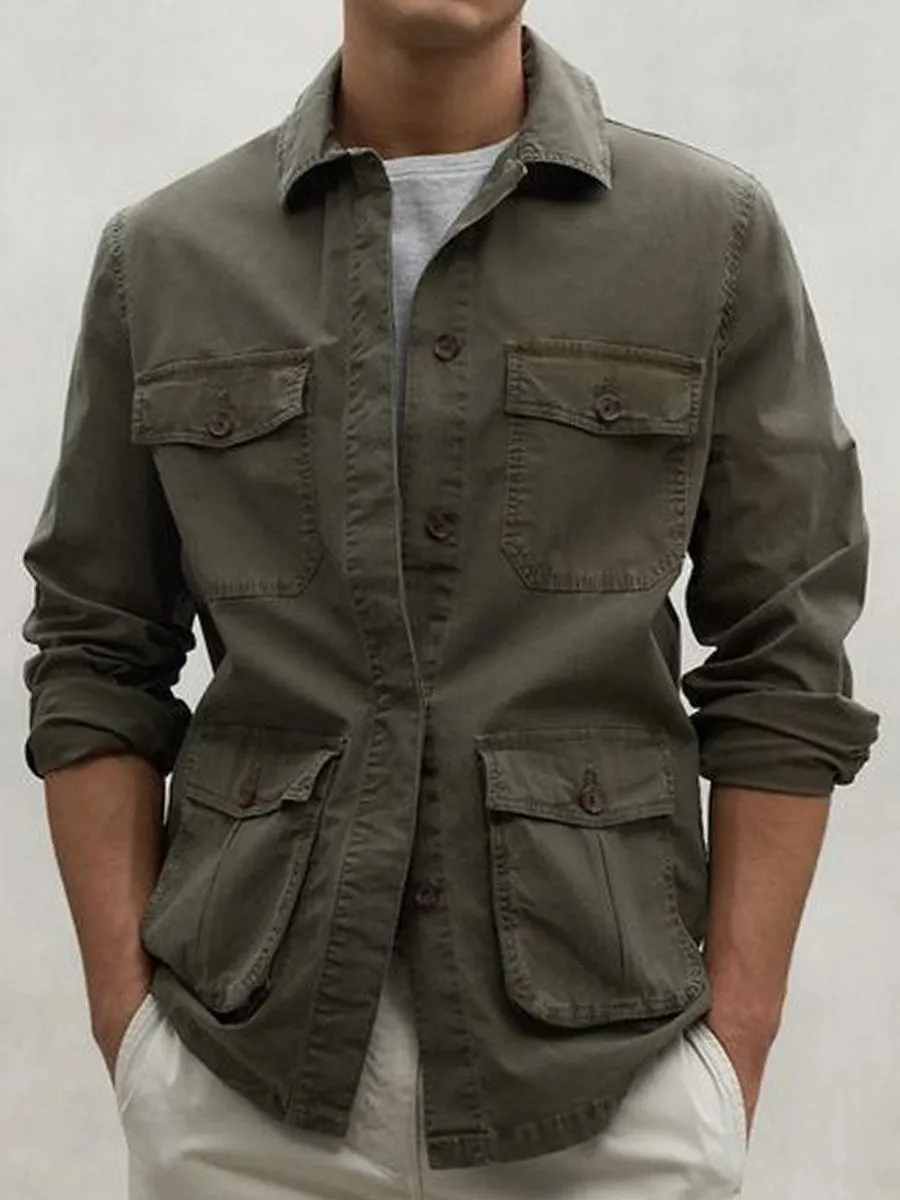 Men's Solid Color Multi-Pocket Single-Breasted Casual Jacket