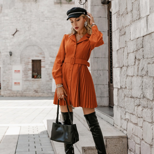 Office lady notched button pleated blazer dress women Lantern sleeves A-line belt mini dresses Female solid vestido 2021