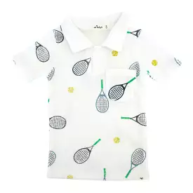 oh baby! Cotton Terry Polo Shirt - Tennis Print - Snow