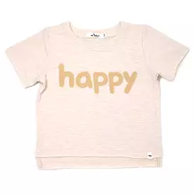 oh baby! Raw Edge Short Sleeve Cotton Slub Tee - happy Applique  - Sand Heather