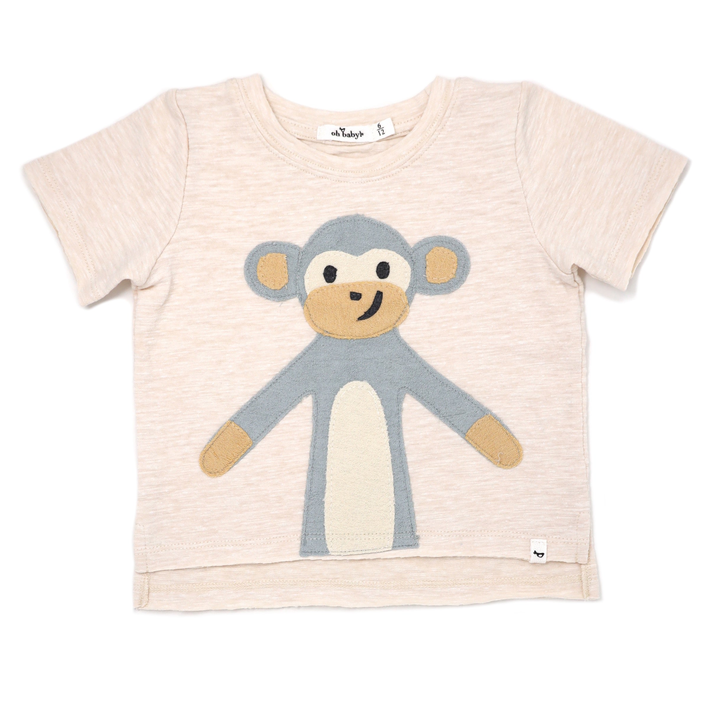 oh baby! Raw Edge Short Sleeve Cotton Slub Tee - Monkey  - Sand Heather