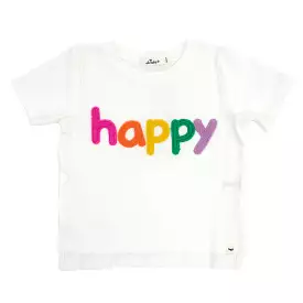 oh baby! Raw Edge Short Sleeve Cotton Slub Tee - Rainbow happy Applique - Oyster