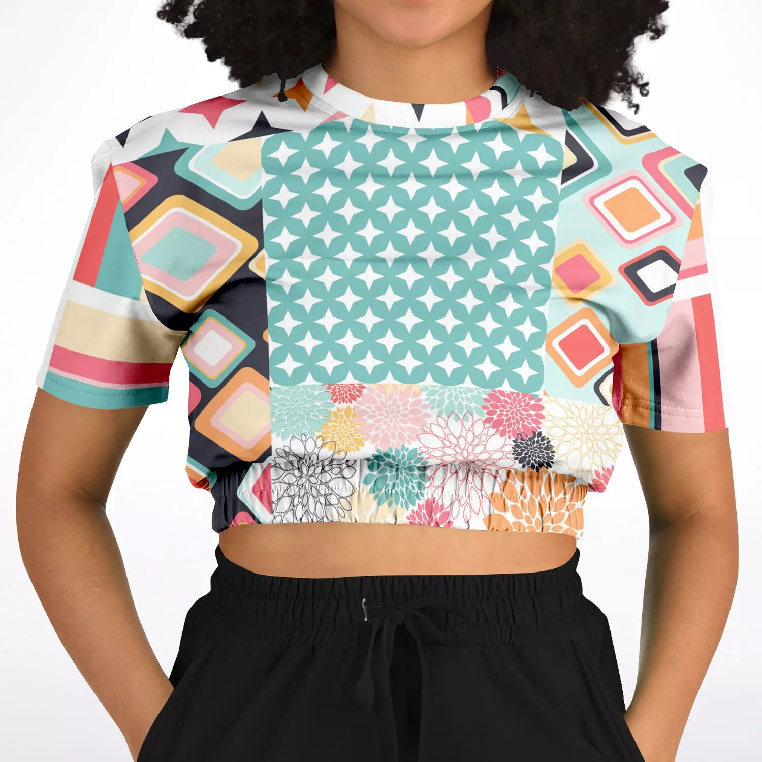 Old Miami Geometric Trefoil Short Sleeve Cropped Eco-Poly Sweater