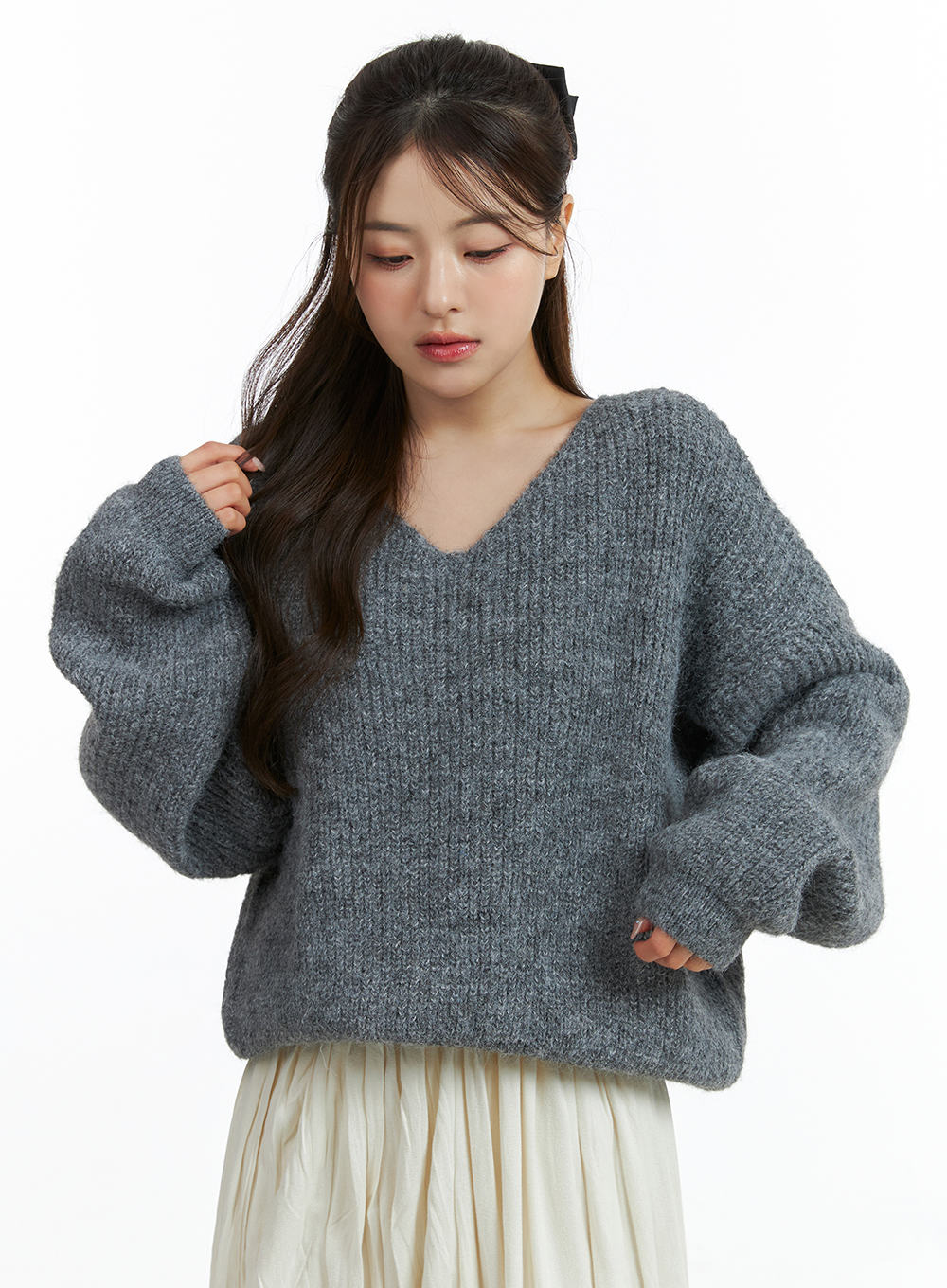 Oversized V-Neck Solid Long Sleeve Sweater OJ411