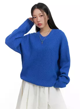 Oversized V-Neck Waffle Knit Sweater OA415