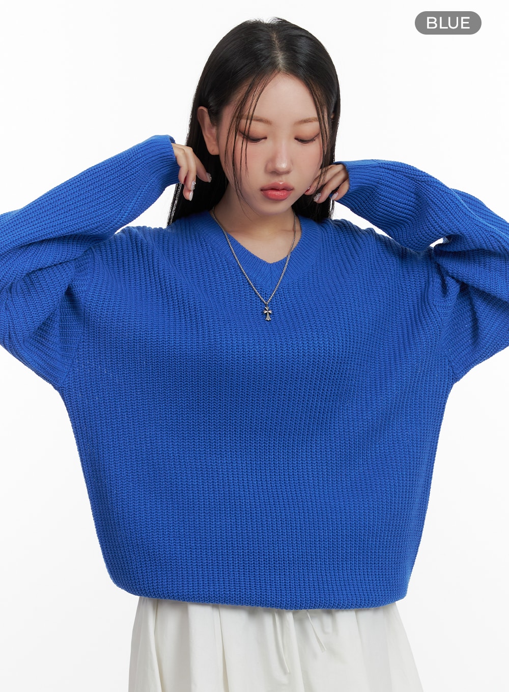 Oversized V-Neck Waffle Knit Sweater OA415