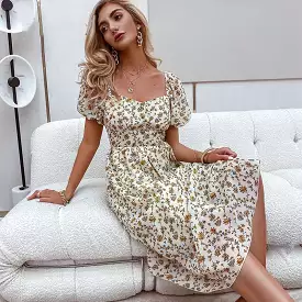 Puff Sleeve Square Neck Flower Print Women Dress Summer 2021 Casual High Waist A-line Long Dress Elegant Female Vestidos