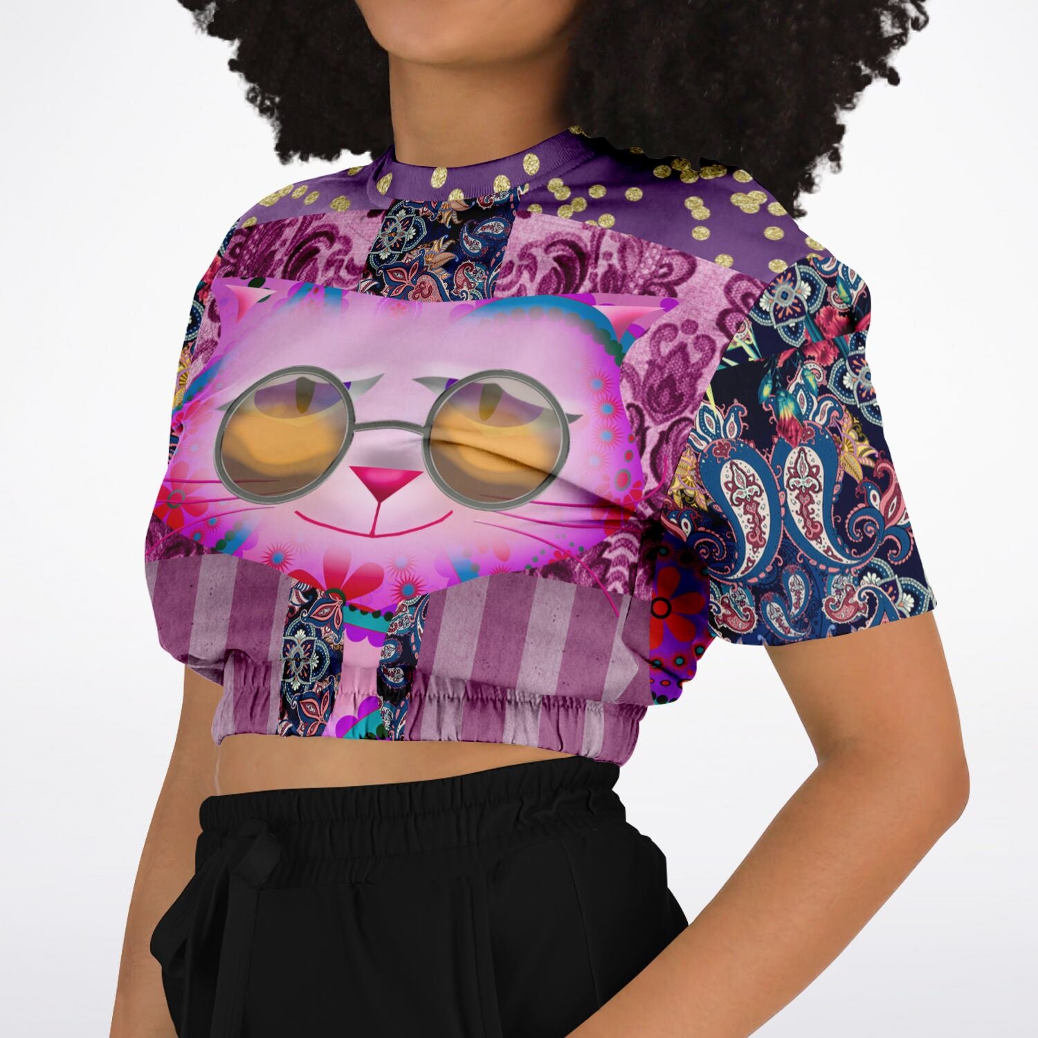 Purple Jamboree Short Sleeve Cropped Eco-Poly Sweater