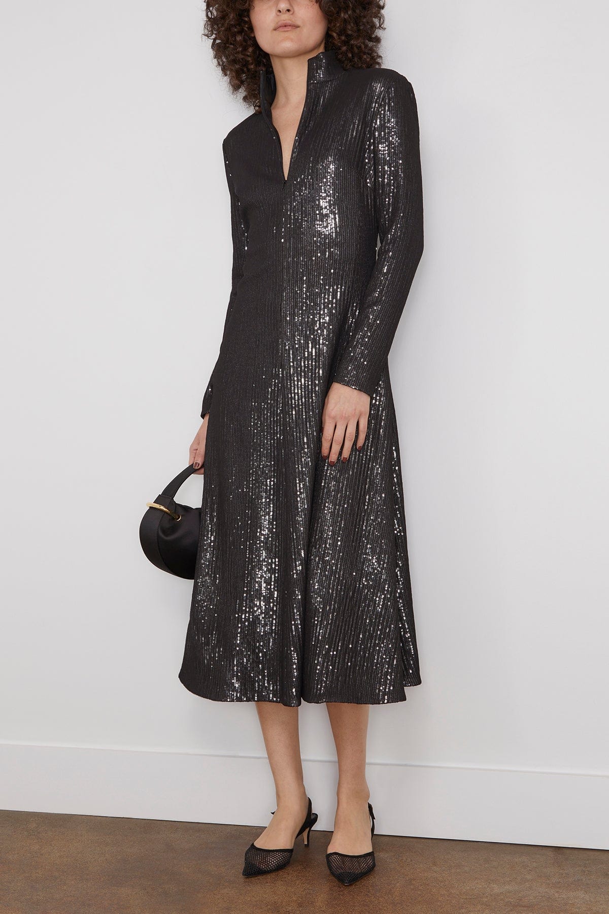 Sequined Zip Up Turtleneck Dress in Black