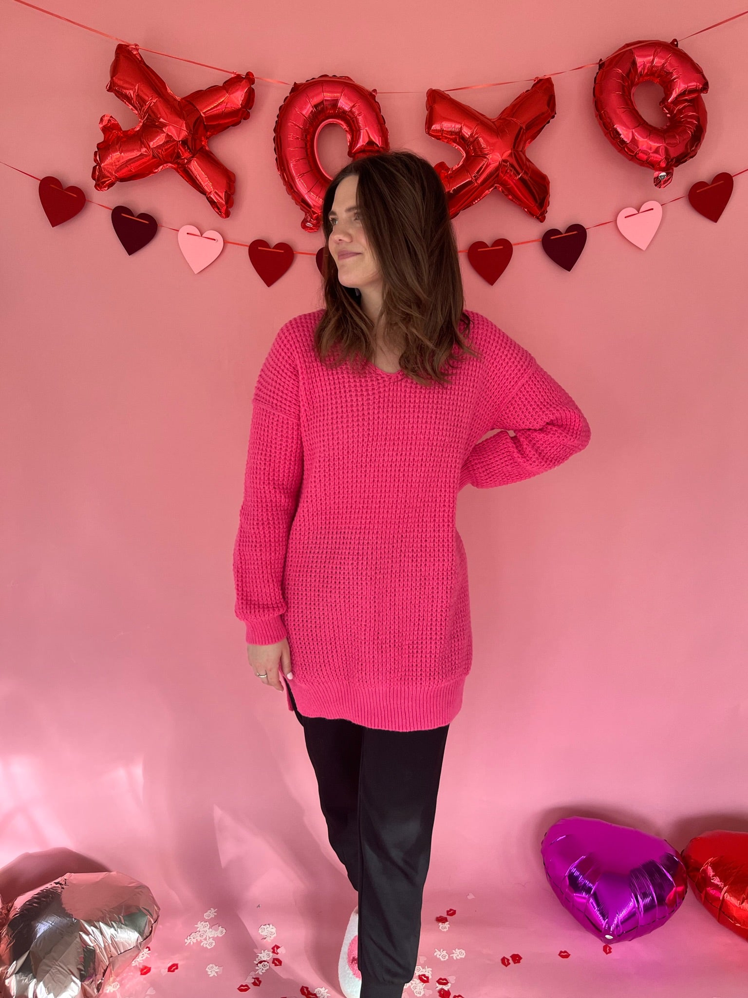 Slouchy V-neck Ribbed Knit Sweater- Hot Pink