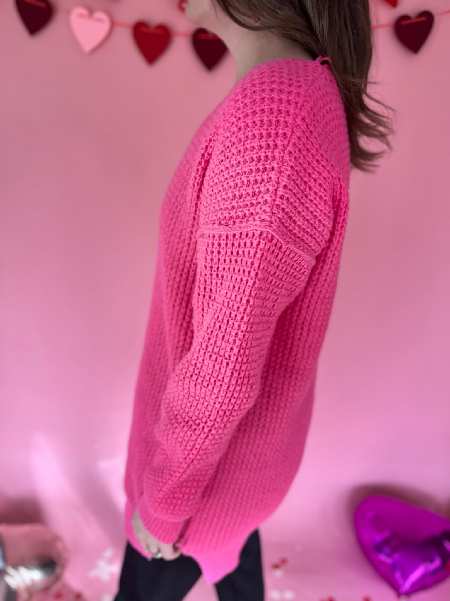 Slouchy V-neck Ribbed Knit Sweater- Hot Pink