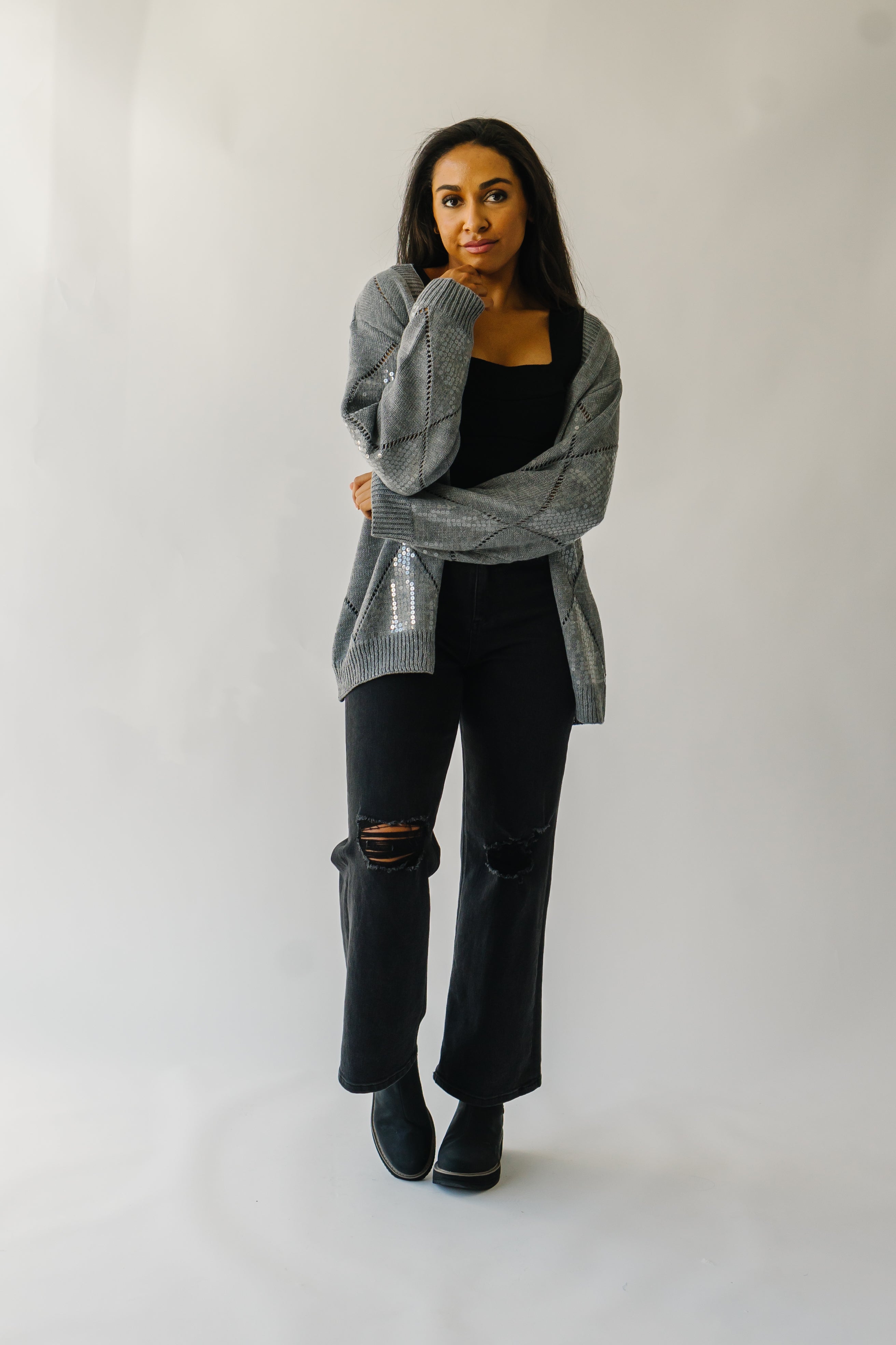 The Leander Long Sleeve V-Neck Cardigan in Grey