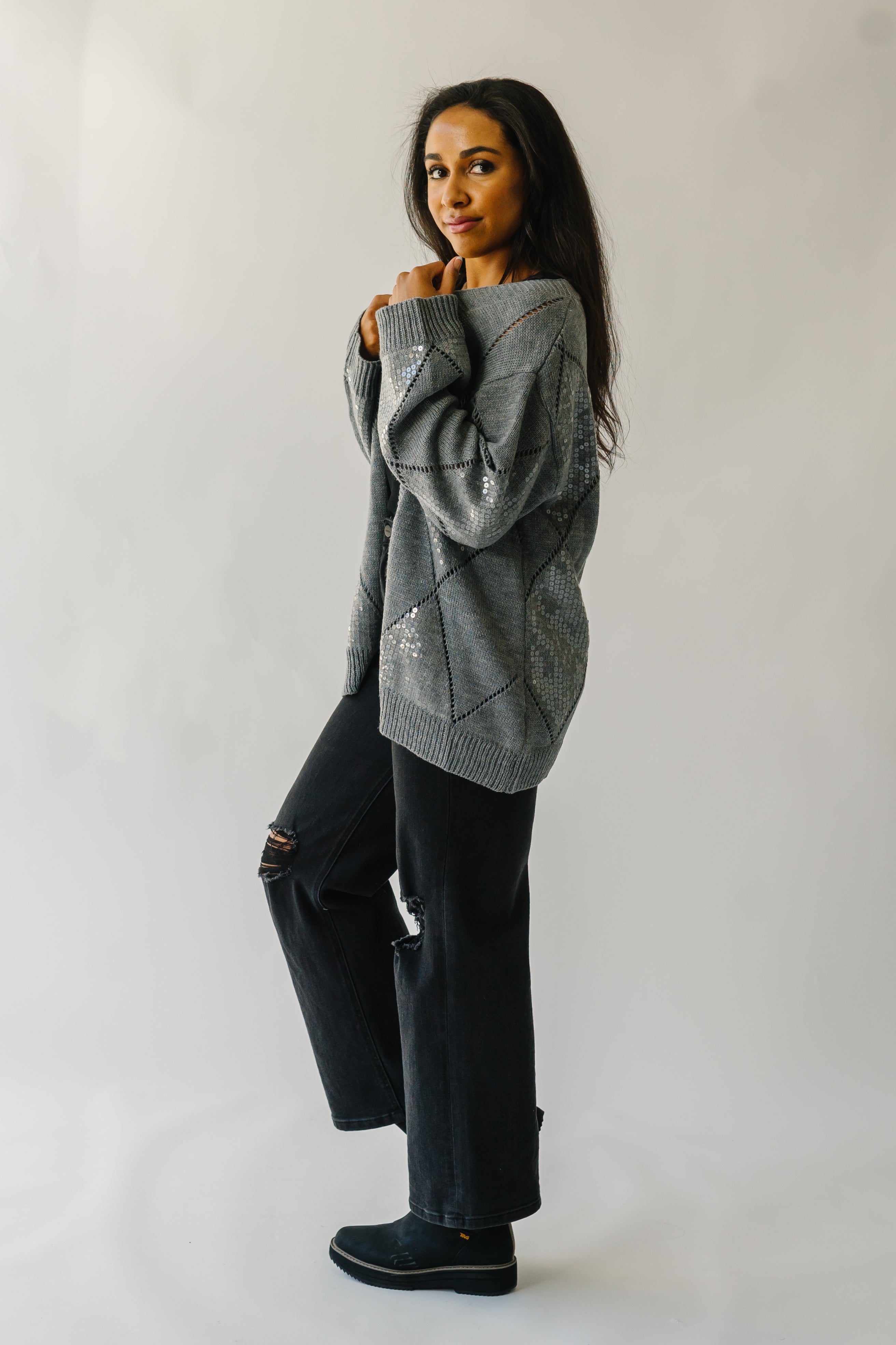 The Leander Long Sleeve V-Neck Cardigan in Grey