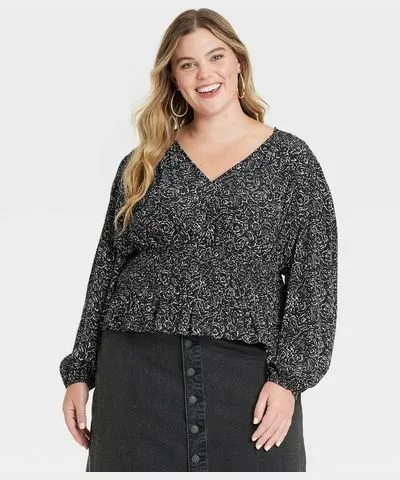 Universal Thread Women's Long Sleeve Smocked Blouse - Universal Thread™ Black Floral 3X