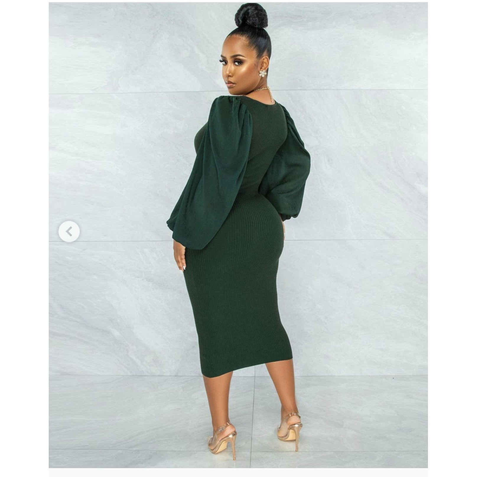 V-Neck Puff Sleeve Bodycon Dress