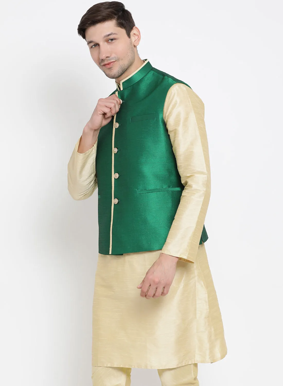 VASTRAMAY Men's Green Cotton Silk Blend Ethnic Jacket