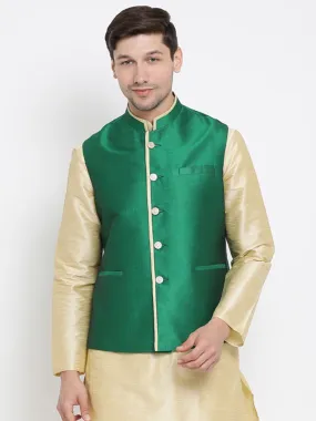 VASTRAMAY Men's Green Cotton Silk Blend Ethnic Jacket